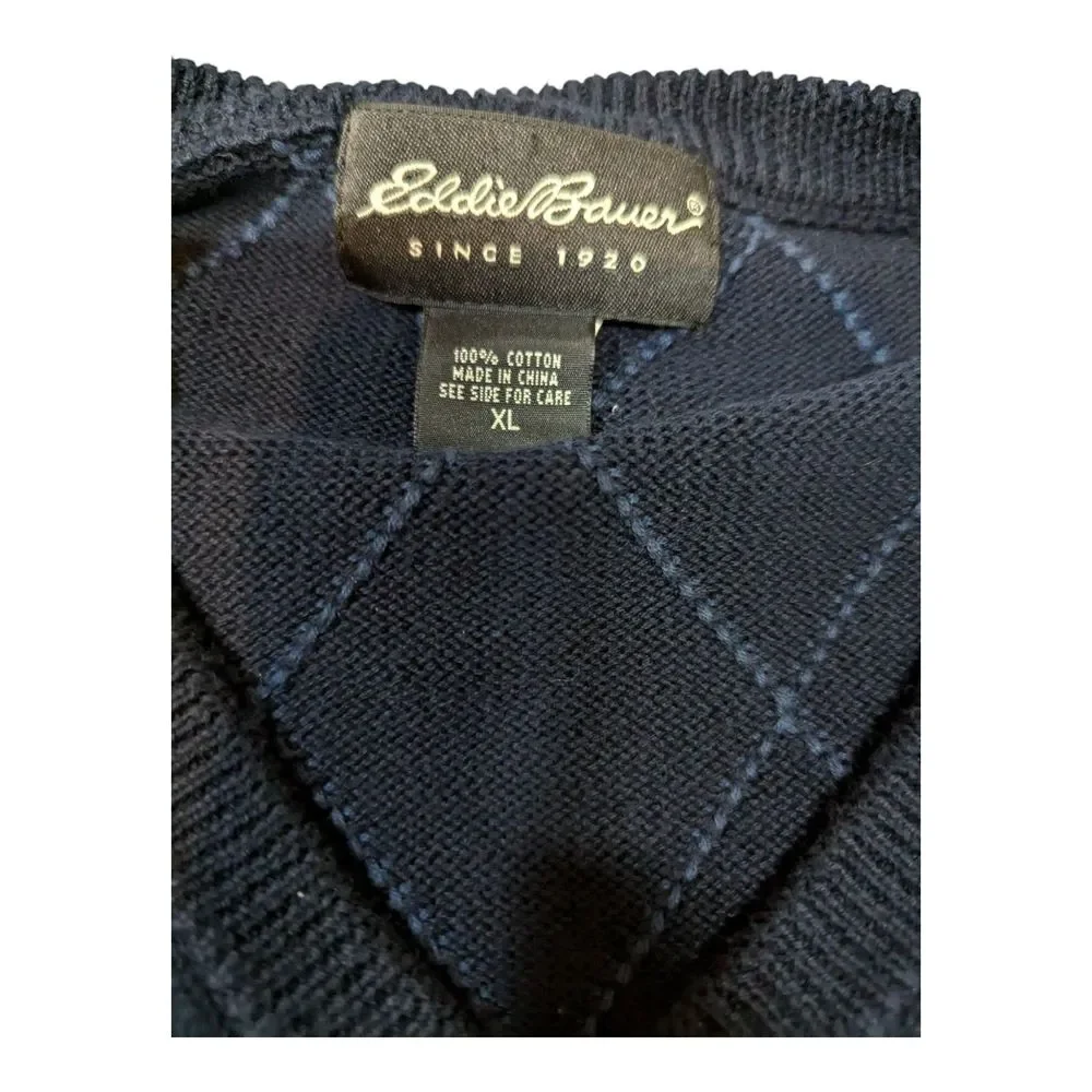 Eddie Bauer Pullover Sweater Vest Mens Size XL Navy Blue Argyle Cotton